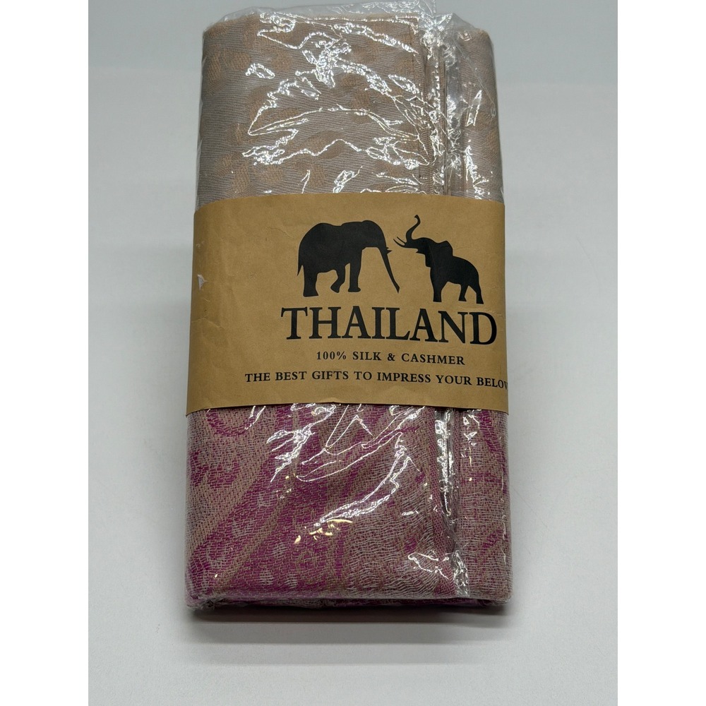 Thailand Silk Cashmere Pashmina Shawl Gold Magenta Paisley Elephant Wrap Scarf